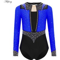 Kids Girls Sparkly Rhinestone Gymnastics Leotard Long Sleeve Keyhole Jumpsuit Bodysuit Ballet Dancewear Figure Skating Costume