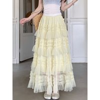 Long Skirt Womens Beading Maxi Skirt 2026 Goth Lolita Spring Summer High Waisted High Low Layer Ruched Mesh Ball Gown Skirts rok