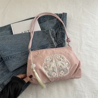 New Chinese Flower Embroidery Girls Shoulder Crossbody Bags Ruched Design Women's Handbags Female Underarm Bag with Pendant