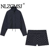 NLZGMSJ 2026 Spring Women Polka Dot Print 2 Piece Sets Stand Collar Loose Short Coat Bomber Jacket Shorts Casual Suits