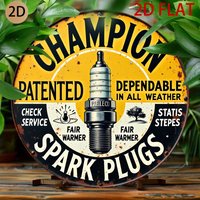 2D Flat Vintage Champion Spark Plugs Wooden Sign, Retro Automotive Racing Car Mechanic Round Plaque, Rustic Garage Wall Art Deco