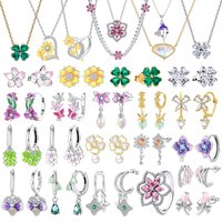 New 925 Sterling Silver Gorgeous Four Leaf Clover Iris Sunflower Earrings Ring Necklace fit Women's Birthday Set Jewelry Gift
