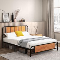 5.2ft King Bed Frame with Industrial Wood Headboard, Steel Slat Support and 31cm Underbed Storage Space, 160 x 207cm, Rustic Br