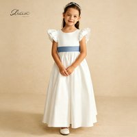 White Satin O-Neck Flower Girl Dress Blue Sash Ruffle Sleeve Bow Kids Wedding Party Gown Birthday A-line Ankle Length