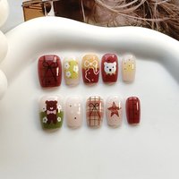 10Pcs Super Cute Bear Bowknot Flower Pattern Press on Nails Nail Stickers False Nails Suitable for Outdoor Camping in Spring