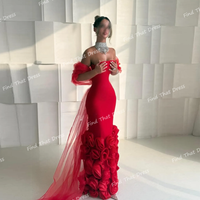 Customized Red Luxury Boat Collar Floor Length Evening Dress with Handmade Flowers Sexy Sheath Backless Party Dress with Cape