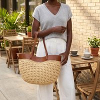 Raffia Woven Beach Tote Bag Women, Designer Casual Summer Shoulder Handbag, Spacious Color Contrast Patchwork Straw Bag