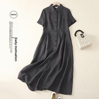 Summer New Cotton Linen Dress Women's Korean Design Sensation Shirt Dress High Waist A-Line Skirt Short Sleeve Pure Color