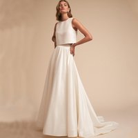 Charming Two Piece Wedding Dress O-Neck Sleeveless Upper Body A-Line Floor Length with Sweep Train Bridal Satin Custom Gowns
