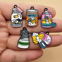 10pcs Bottle Cat Charm for Jewelry Making Enamel Necklace Earring Bracelet Pendant Diy Accessories Alloy Metal Black Plated