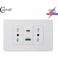 Coswall White 118 Series PC Panel Italian / Chile Standard 16A Wall Power Socket Dual USB Type-c PD 3.0 20W Fast Charging