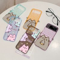 Cute Cartoon Cat P-Pusheens Metal Connector Phone Case for Samsung Galaxy Z Flip3 Flip4 Flip5 Flip6 Flip7 Candy Color Soft TPU