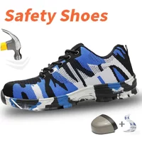 Blue Camouflage Shoes Lightweight Breathable Safety Shoes with Steel Toe Caps Anti-puncture Men's Durable Impact Resistance