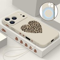 Magnetic For Magsafe Case For iPhone 17 Pro Max Air 16E 16 15 14 13 12 Pro Max 11 Leopard Print Love Heart Lanyard TPU Cover