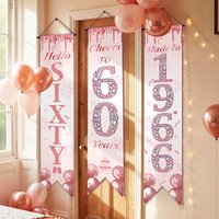3pcs 2D Door Banner Happy Birthday 60Th Pink Golden Balloons and Fishtail Design Door Couplet Birthday Party Decoration