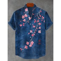 Summer short sleeved linen shirt, new men's plum blossom print pattern stand up collar shirt, street fashion social top
