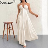 Romantic Vacation Backless V Neck Women Dress 2026 Summer White Pleated Loose Maxi Dress Elegant Versatile Big Swing Beach Dress