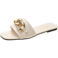 2025 nouvelle mode chaussons pour femmes bout carré chaîne pantoufles plat toboggan sandales plage tongs métal décoration chaussures décontractées