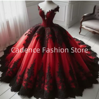 Customized Gothic Red and Black Strapless Wedding Dresses Lace A-Line Lace-Up Bridal Gowns Prom Dresses