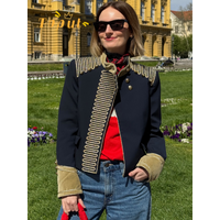 Gold Embroidered Stand Collar Buttoned Military Jacket Women 2026 Navy Blue Elegant Vintage Casual Soft Daily Wear Outerwear