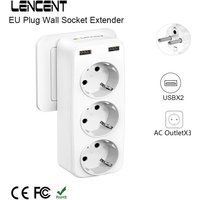 LENCENT EU Plug 5-in-1 Wall Socket Extender with 3 AC Outlet 2 USB 4000W 5V2.4A Wall Charger for Home/Office
