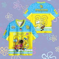 2026 New Mesh V-neck Mesh Jersey SpongeBob SquarePants Street Wear Short Sleeves Casual Adults and Children