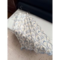 Blue Embroidery Women Linen Long Skirt A-Line High Waist Loose Female Jupe