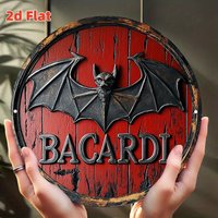 Vintage Bacardi Rum Bat Logo Round Tin Sign, Retro Bacardi Rum Distressed 3D Effect Metal Wall Art, Rustic Bar Themed Decorative