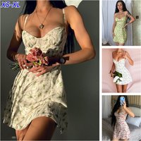 Y2K Women Sexy Low Cut Retro Print Mini Summer Backless Suspender V-Neck Floral Party Female Sleeveless Beach A-Line Dresses
