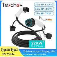 Câble de charge pour voiture électrique Teschev 16A/32A 22kW Type 2 vers Type 2, câble de charge rapide compatible avec Tesla et BEV/PHEV