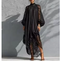 Robe longue maxi en dentelle patchwork pour femme, col montant, manches lanternes, coupe ample et fluide, ourlet irrégulier, robe longue pour soirée, mariage, invité.