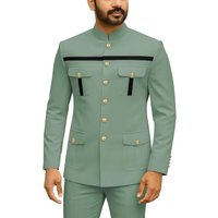 Mens Safari Suit 2 Piece Regular Fit Chinese Suit Stand Collar Gold Button Blazer Pants Set African Outfits