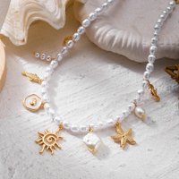 Bohemian Imitation Pearls Beaded Chain Necklace for Women Ocean Series Shell Starfish Conch Pendant Necklace Beach Party Jewelry