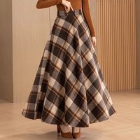 New Women Woolen Plaid Skirt Autumn Winter Fashion Elastic High Waist A-Line Wool Blended Long Skirt Simplicity Vintage Skirt