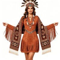 Women Retro Tassel Native Americans Dress Halloween Carnival Theme Party Indian Maiden Princess Primitive Tribe Cosplay Costume