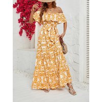 Ladies Floral Print A-Line Dress Casual Long Gown with Belt And Pocket Design Suitable for All Seasons