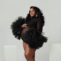 Maternity Photography Props Bodysuit Puffy Ruffled Sleeve Photography Bodysuit Black See Thru Tulle Dress For Pregnant Women