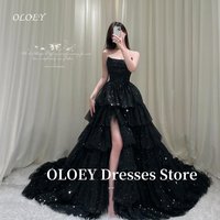 OLOEY Glitter Black Evening Dresses Korea Wedding Photo shoot Strapless Tiered Split Long Prom Gowns Shiny Customized Formal
