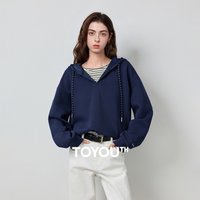 TOYOUTH Women's Fake Two Piece Hooded Sweatshirt Fall 2026 Loose V Neck Striped Splicing Preppy Pullover Top