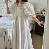100% Cotton Princess Vintage Long Nightgowns French Embroidery Square Collar Short Sleeves Nightdress Ankle-Length Loose Nightie
