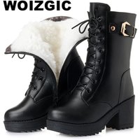 WOIZGIC Female Mother Ladies Women's Snow Genuine Leather Ankle Shoes Boots Warm Fur Plush Wool Zipper Lace Motorcycle Mid Calf