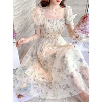 Zoki Elegant Floral Chiffon Party Dress Women Fashion Puff Sleeve A Line Midi Dress Sweet Square Collar Korean Female Vestidos