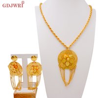 Dubai Gold Color Flower Tassel Long Chain Necklace&Earrings Jewelry Set African Ethiopian For Women Party Wedding Jewellery