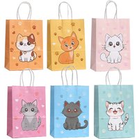 12/24Pcs Cartoon Cat Pattern Gift Bag With Handle Kids Birthday Favor Portable Packaging Shopping Bag Baby Shower Party Supplies