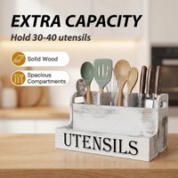Wooden Kitchen Utensil Rack - With 4 Compartments Kitchen Utensil Organizer, Rustic Farmhouse Countertop Cookware Storage Box