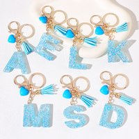 Alphabet Keychain With Tassel And Heart Charm Blue Glitter Resin Letter Women's Casual Fashion Accessory For Friends Bag Pendant