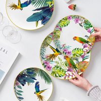 Bohemian Style Dinning Plate Set Tropical Parrot Flower Ceramic Dessert Plate Coffee Cup And Saucer Set For Home Party Picnic