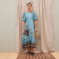 Loose round Neck Lantern Sleeve Printed Dress Fashionable Casual High Waist A-Line Dress Women's Short Sleeve Overhead Dress