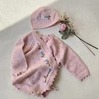 2024 New Autumn Winter Toddler Baby Girl Knitted Romper+Hat Long Sleeved Flower Embroidery Infant Baby Knitted Jumpsuit