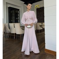 Customized Sparkle Jersey Pattern Pleat Bow Trumpet Jewel Long Dresses Bespoke Occasion Party High Quality Formal